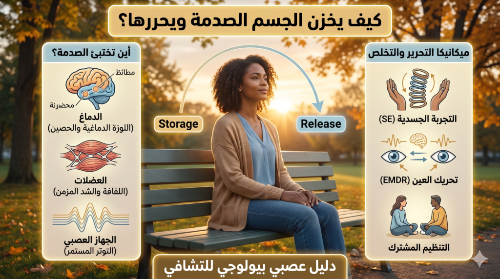 إنفوجرافيك: كيف يخزن الجسم الصدمة ويحررها؟ – دليل عصبي بيولوجي للتشافي