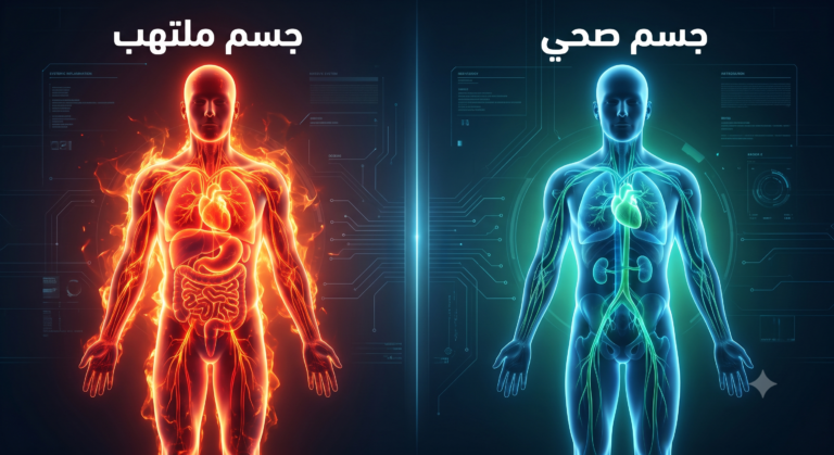 Home مقارنة توضيحية تظهر الفرق بين الجسم الملتهب، الذي يعاني من ضغوط التهابية، والجسم الصحي الذي يتمتع بتوازن حيوي